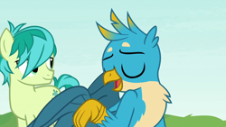 Size: 1280x720 | Tagged: safe, imported from derpibooru, screencap, gallus, sandbar, earth pony, pony, non-compete clause, chest fluff, cutie mark, eyes closed, male, teenager, wings