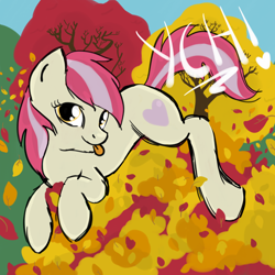 Size: 2100x2100 | Tagged: safe, artist:lannielona, imported from derpibooru, pony, :p, advertisement, autumn, commission, female, leaf, leaf pile, leaves, looking at you, mare, silly, solo, tongue out, tree, your character here