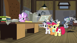 Size: 1280x720 | Tagged: safe, imported from derpibooru, screencap, apple bloom, diamond tiara, scootaloo, shady daze, sweetie belle, pony, ponyville confidential, cutie mark crusaders, lamp, printing press, window