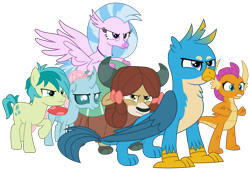 Size: 2933x2010 | Tagged: safe, artist:sonofaskywalker, imported from derpibooru, gallus, ocellus, sandbar, silverstream, smolder, yona, changedling, changeling, classical hippogriff, dragon, earth pony, griffon, hippogriff, pony, yak, school raze, angry, bow, claws, cloven hooves, colored hooves, cutie mark, dragoness, female, fierce, fist, full body, hair bow, jewelry, male, monkey swings, necklace, paws, simple background, student six, teenager, transparent background, vector, wings
