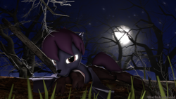 Size: 1920x1080 | Tagged: safe, artist:thefakedreel, imported from derpibooru, oc, oc only, oc:nyn indigo, bat pony, hybrid, original species, timber pony, timber wolf, 3d, forest, grin, looking at you, lying down, male, moon, night, smiling, solo, species swap