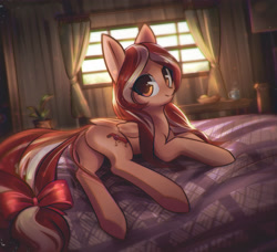 Size: 3502x3198 | Tagged: safe, artist:mirroredsea, imported from derpibooru, oc, oc only, oc:cherry blossom, pegasus, pony, bed, bow, commission, curtains, female, looking at you, looking back, looking back at you, mare, mug, potted plant, solo, tail bow, window