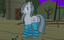 Size: 2625x1634 | Tagged: safe, artist:brianblackberry, artist:slb94, imported from derpibooru, marble pie, pony, blushing, butt, clothes, dock, embarrassed, female, marblebutt, plot, show accurate, socks, solo, striped socks, walking