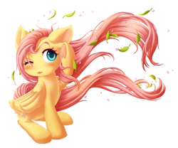 Size: 1800x1500 | Tagged: safe, artist:mochi2-arts, imported from derpibooru, fluttershy, pegasus, pony, blushing, cute, female, head turn, leaves, looking at you, looking away, looking sideways, mare, one eye closed, open mouth, shyabetes, simple background, sitting, solo, stray strand, turned head, underhoof, white background, windswept mane, wings