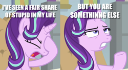 Size: 1978x1080 | Tagged: safe, edit, edited screencap, imported from derpibooru, screencap, starlight glimmer, pony, marks for effort, annoyed, female, frustrated, image macro, meme, reaction image, solo, text