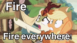 Size: 2669x1510 | Tagged: safe, edit, edited screencap, imported from derpibooru, screencap, applejack, autumn blaze, kirin, sounds of silence, spoiler:s08, a kirin tale, exploitable meme, image macro, meme, text, x x everywhere