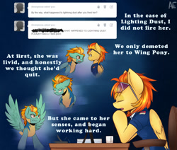 Size: 1280x1086 | Tagged: safe, artist:spittfireart, imported from derpibooru, lightning dust, spitfire, pegasus, pony, alternate universe, chair, clothes, comic, desk, duo, eyes closed, female, mare, necktie, spitfire's office, sunglasses, text, tumblr, uniform, what could have been, wonderbolt trainee uniform, wonderbolts dress uniform, wonderbolts uniform