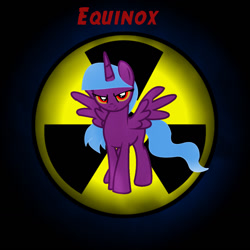 Size: 1280x1280 | Tagged: safe, artist:skyarrow, imported from derpibooru, oc, oc only, oc:equinox, alicorn, pony, fallout equestria, base used, radiation sign, solo, text