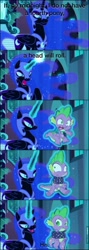 Size: 604x1697 | Tagged: safe, edit, edited screencap, imported from derpibooru, screencap, lord tirek, nightmare moon, spike, alicorn, dragon, pony, rescue at midnight castle, the cutie re-mark, 35th anniversary, chains, comic, death threat, decapitation threat, female, male, mare, screencap comic, threat