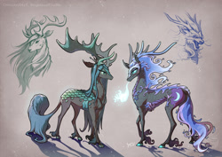 Size: 1753x1240 | Tagged: safe, artist:begasus, imported from derpibooru, nightmare moon, queen chrysalis, deer, elk, kirin, longma, moose, antlers, chrysmoon, cloven hooves, female, fire, fire breath, horns, kirin chrysalis, kirin-ified, lesbian, longma nightmare moon, longmafied, mare, realistic anatomy, shipping, simple background, species swap, unshorn fetlocks