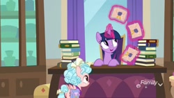 Size: 1920x1080 | Tagged: safe, imported from derpibooru, screencap, cozy glow, twilight sparkle, alicorn, pegasus, pony, school raze, book, desk, duo, envelope, female, filly, foal, letter, magic, mare, saddle bag, twilight sparkle (alicorn), twilight's office