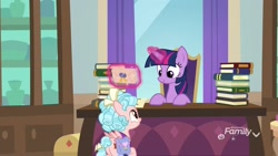Size: 1920x1080 | Tagged: safe, imported from derpibooru, screencap, cozy glow, twilight sparkle, alicorn, pegasus, pony, school raze, book, desk, duo, female, filly, foal, letter, magic, mare, saddle bag, twilight sparkle (alicorn), twilight's office