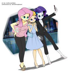 Size: 1280x1280 | Tagged: safe, artist:twilite-sparkleplz, imported from derpibooru, fluttershy, rarity, oc, oc:cherish, oc:cherish lynne, equestria girls, cellphone, city, clothes, commissioner:shortskirtsandexplosions, crossdressing, dress, feet, female, femboy, fluttershy likes femboys, high heels, male, nail polish, older, phone, purse, sandals, selfie, shoes, smiling, toes