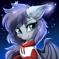 Size: 800x800 | Tagged: dead source, safe, artist:hioshiru, imported from derpibooru, oc, oc only, oc:andromeda galaktika, bat pony, pony, bat pony oc, clothes, ear fluff, female, hoodie, icon, mare, smiling, solo, space