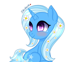 Size: 3000x2600 | Tagged: safe, artist:pvrplehaze, artist:sachikoh, imported from derpibooru, trixie, pony, unicorn, blushing, cute, diatrixes, female, flower, flower in hair, happy, mare, simple background, smiling, solo, transparent background