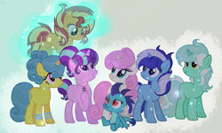 Size: 2465x1481 | Tagged: safe, artist:kokonaharuka45, artist:lui-akita, imported from derpibooru, lemon hearts, lyra heartstrings, minuette, princess ember, starlight glimmer, sunset shimmer, twinkleshine, dragon, pony, unicorn, alternate hairstyle, alternate mane seven, alternate universe, base used, blank flank, bracelet, choker, ear piercing, earring, equal sign, eyeshadow, female, flying, group, jewelry, levitation, magic, makeup, mare, necklace, piercing, raised hoof, self-levitation, sitting, telekinesis, younger