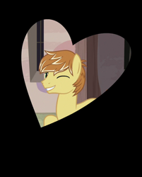 Size: 504x626 | Tagged: safe, imported from derpibooru, screencap, feather bangs, earth pony, pony, hard to say anything, black background, breaking the fourth wall, cropped, heart shaped, looking at you, male, one eye closed, simple background, smiling, stallion, wink