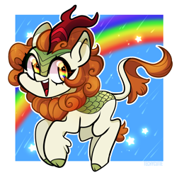 Size: 2040x2017 | Tagged: safe, artist:techycutie, imported from derpibooru, autumn blaze, kirin, sounds of silence, happy, jumping, rain, rainbow, reflection, sparkles, stars