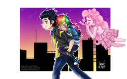 Size: 1280x800 | Tagged: safe, artist:janadashie, imported from derpibooru, pinkie pie, rainbow dash, soarin', ghost, human, clothes, eyes closed, female, humanized, male, piggyback ride, shipping, shoes, smiling, sneakers, soarindash, straight