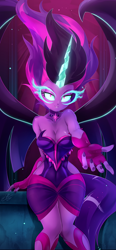 Size: 1156x2500 | Tagged: safe, artist:light262, imported from derpibooru, sci-twi, twilight sparkle, equestria girls, breasts, cleavage, female, glowing eyes, horn, looking at you, midnight sparkle, nail polish, solo, wings