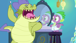 Size: 1280x720 | Tagged: safe, imported from derpibooru, screencap, sludge (dragon), spike, dragon, father knows beast, bad teeth, bathroom, duo, male, mirror, open mouth, rotten teeth, sludge (g4), smiling, stool, teeth, toothbrush, toothpaste, towel, winged spike, wings