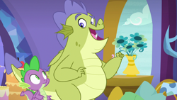 Size: 1280x720 | Tagged: safe, imported from derpibooru, screencap, sludge (dragon), spike, dragon, father knows beast, duo, flower, male, sludge (g4), smiling, vase, when he smiles, window, winged spike, wings