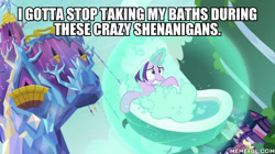 Size: 600x337 | Tagged: safe, edit, edited screencap, imported from derpibooru, screencap, starlight glimmer, pony, unicorn, father knows beast, bath, bathtub, bathtub gag, cleveland brown, family guy, female, hat, image macro, levitation, magic, magic bubble, mare, meme, memeful.com, self-levitation, shower cap, suds, telekinesis, text, twilight's castle