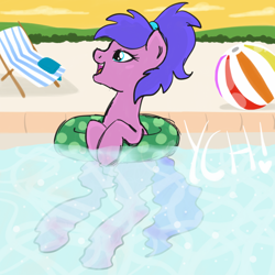 Size: 2100x2100 | Tagged: safe, artist:lannielona, imported from derpibooru, pony, advertisement, beach ball, beach chair, chair, commission, inflatable, ponytail, sketch, solo, summer, swimming, swimming pool, towel, your character here