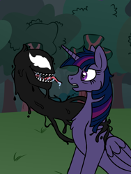 Size: 426x568 | Tagged: safe, artist:spyro-for-life, imported from derpibooru, twilight sparkle, alicorn, pony, fanfic:the symbiote, bags under eyes, chest fluff, crossover, drool, fanfic art, fangs, female, grass, mare, marvel, night, open mouth, shocked, solo, symbiote, tongue out, tree, twilight sparkle (alicorn), venom, venom (2018)