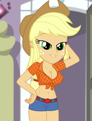 Size: 940x1240 | Tagged: safe, edit, edited screencap, editor:ah96, imported from derpibooru, screencap, applejack, dance magic, equestria girls, spoiler:eqg specials, applejack's hat, belly button, breast edit, breasts, busty applejack, cleavage, clothes, cowboy hat, cropped, daisy dukes, female, front knot midriff, hat, midriff, shorts, solo