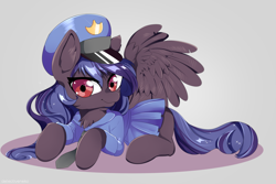 Size: 3000x2000 | Tagged: safe, artist:detectiveneko, imported from derpibooru, oc, oc only, pegasus, pony, chest fluff, clothes, dress, female, hat, looking at you, mare, necktie, police, police uniform, prone, smiling, solo, wings