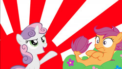 Size: 1797x1030 | Tagged: safe, edit, edited screencap, imported from derpibooru, screencap, scootaloo, sweetie belle, pony, seapony (g4), unicorn, surf and/or turf, duo, duo female, faic, female, filly, foal, japan, japanese empire, japanese flag, seaponified, seapony scootaloo, species swap, sunburst background, tadfoal