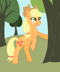 Size: 500x600 | Tagged: safe, artist:spyro-for-life, imported from derpibooru, applejack, earth pony, pony, applejack's hat, bipedal, cowboy hat, female, freckles, hat, mare, raised hoof, solo, tree