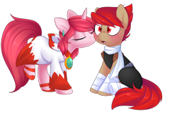 Size: 5460x3539 | Tagged: safe, artist:scarlet-spectrum, imported from derpibooru, oc, oc only, oc:blitz drive, oc:diamond stellar, earth pony, pony, unicorn, blushing, cheek kiss, clothes, commission, cute, dress, drivellar, ear piercing, earring, female, final fantasy, gem, high heels, hoodie, jewel, jewelry, kiss on the cheek, kissing, male, oc x oc, piercing, scarf, shipping, shoes, simple background, straight, surprise kiss, surprised, transparent background, white mage, ych result