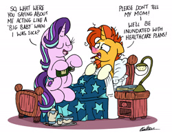 Size: 2243x1731 | Tagged: safe, artist:bobthedalek, imported from derpibooru, starlight glimmer, sunburst, pony, unicorn, bed, book, coat markings, cup, dialogue, female, lamp, male, medicine, messy mane, red nosed, shipping, sick, socks (coat marking), socks (coat markings), starburst, straight, teacup, teapot, tray