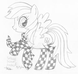 Size: 1024x965 | Tagged: safe, artist:thecloud96, imported from derpibooru, rainbow dash, pegasus, pony, checkered socks, clothes, female, mare, obtrusive watermark, open mouth, raised hoof, scarf, signature, sketch, socks, solo, stock vector, watermark