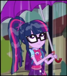 Size: 1077x1221 | Tagged: safe, imported from derpibooru, screencap, sci-twi, twilight sparkle, eqg summertime shorts, equestria girls, monday blues, clothes, cropped, female, geode of telekinesis, glasses, ponytail, rain, skirt, smiling, umbrella, wet, wet hair