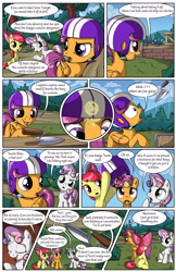 Size: 2030x3130 | Tagged: safe, artist:sirzi, imported from derpibooru, apple bloom, scootaloo, sweetie belle, earth pony, pegasus, pony, unicorn, comic:talisman for a pony, comic, cutie mark crusaders, female, filly, foal, glowing horn, glue, helmet, magic, talisman, telekinesis, trio, trowel