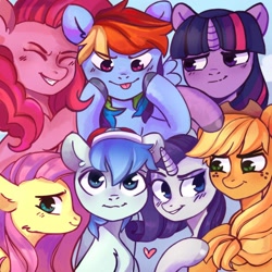 Size: 960x960 | Tagged: safe, artist:trishalr, imported from derpibooru, applejack, fluttershy, pinkie pie, rainbow dash, rarity, twilight sparkle, oc, earth pony, pegasus, pony, unicorn, :p, blue background, commission, digital art, eyes closed, female, freckles, group, group photo, male, mare, silly, simple background, smiling, stallion, tongue out, ych result