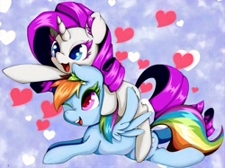 Size: 2031x1519 | Tagged: safe, artist:zokkili, imported from derpibooru, rainbow dash, rarity, pegasus, pony, unicorn, colored eyelashes, duo, female, heart, lesbian, mare, ponies riding ponies, raridash, riding, shipping