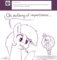 Size: 1330x1396 | Tagged: safe, artist:dsp2003, imported from derpibooru, oc, oc:meadow stargazer, earth pony, pony, ask, bad pun, blushing, bone, comic, cute, female, looking at you, mare, mouth hold, one eye closed, pencil, pun, sans (undertale), simple background, single panel, skeleton, sketch, tumblr, undertale, white background, wink