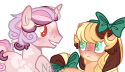 Size: 1222x708 | Tagged: safe, artist:owl-clockwork, artist:vintage-owll, imported from derpibooru, oc, oc only, oc:apple shy, earth pony, pony, unicorn, base used, blushing, bow, female, hair bow, heart eyes, male, mare, offspring, parent:applejack, parent:caramel, parents:carajack, simple background, stallion, tail bow, transparent background, watermark, wingding eyes