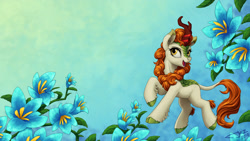 Size: 1920x1080 | Tagged: safe, artist:1jaz, imported from derpibooru, autumn blaze, kirin, sounds of silence, blue background, card, cloven hooves, colored hooves, female, flower, foal's breath, raised hoof, simple background, solo