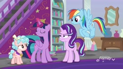 Size: 1920x1080 | Tagged: safe, imported from derpibooru, screencap, cozy glow, rainbow dash, starlight glimmer, twilight sparkle, alicorn, pegasus, pony, unicorn, school raze, cozy glow is not amused, cute, dashabetes, eyes closed, female, filly, flying, foal, glowing horn, magic, mare, smiling, twilight sparkle (alicorn), unamused