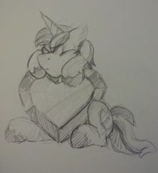 Size: 1280x1401 | Tagged: safe, artist:enderselyatdark, imported from derpibooru, shining armor, pony, unicorn, crystal heart, horn, monochrome, rcf community, sketch, sleeping, solo, traditional art