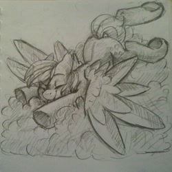 Size: 1280x1279 | Tagged: safe, artist:enderselyatdark, imported from derpibooru, derpy hooves, pegasus, pony, cloud, eyes closed, female, grayscale, mare, monochrome, pegasus wings, pencil drawing, rcf community, solo, traditional art