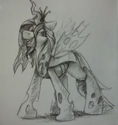Size: 1280x1358 | Tagged: safe, artist:enderselyatdark, imported from derpibooru, queen chrysalis, changeling, changeling queen, crown, female, horn, jewelry, monochrome, rcf community, regalia, sketch, solo, traditional art, wings