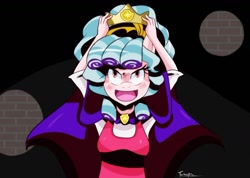 Size: 1550x1101 | Tagged: safe, artist:traupa, imported from derpibooru, cozy glow, anthro, school raze, cape, clothes, crown, empress, female, open mouth, regalia, scene interpretation, solo