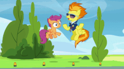 Size: 600x338 | Tagged: safe, edit, edited screencap, imported from derpibooru, screencap, rainbow dash, scootaloo, spitfire, pegasus, pony, the washouts (episode), animated, bush, cap, clothes, cloud, female, filly, foal, gif, hat, holding a pony, make america great again, make equestria great again, mare, meme, politics, runway lights, sunglasses, tree, trio, uniform, wonderbolts dress uniform