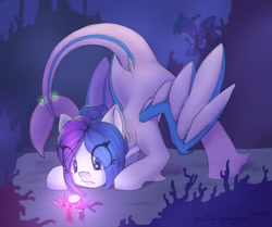 Size: 1280x1070 | Tagged: dead source, safe, artist:airfly-pony, imported from derpibooru, oc, oc only, oc:nightsong, oc:shark bite, original species, shark, shark pony, elepatrium, face down ass up, female, kalharia, kalharia's wings, male, ocean, pearl, rcf community, shark tail, solo, underwater, universe elepatrium, wings